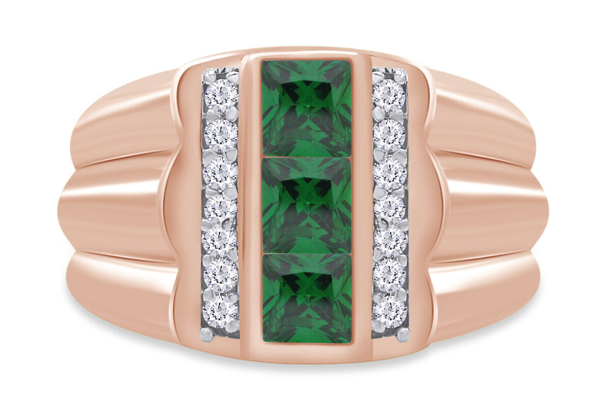 Mens Engagement Ring Simulated Emerald 14K Rose Gold Plated  Sterling Silver-image