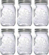 6 Glass Regular Mouth Mason Jars, 17 oz Clear Glass Jars with Silver Metal Lids