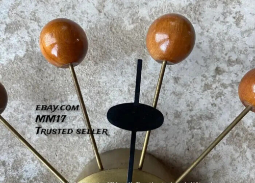 George Nelson Mid Century Ball Clock in Brass and Wood Vintage Home Decor - Picture 7 of 9