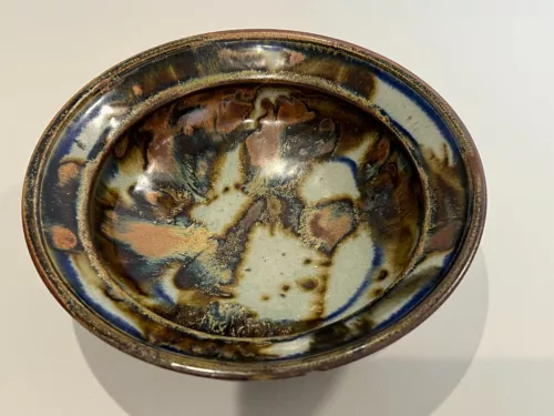 Vintage Hand Thrown Studio Art Pottery Bowl in Drip Glaze Brown & Blue, Signed