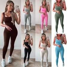 Womens Plain Sleeveless Top & Leggings 2 Pcs Set Gym Wear Tracksuit Yoga Outfit