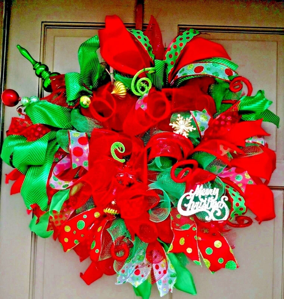 Рождественский венок с подсветкой большой ручной работы красный зеленый декор сетки передней двери - Изображение 2 из 4
