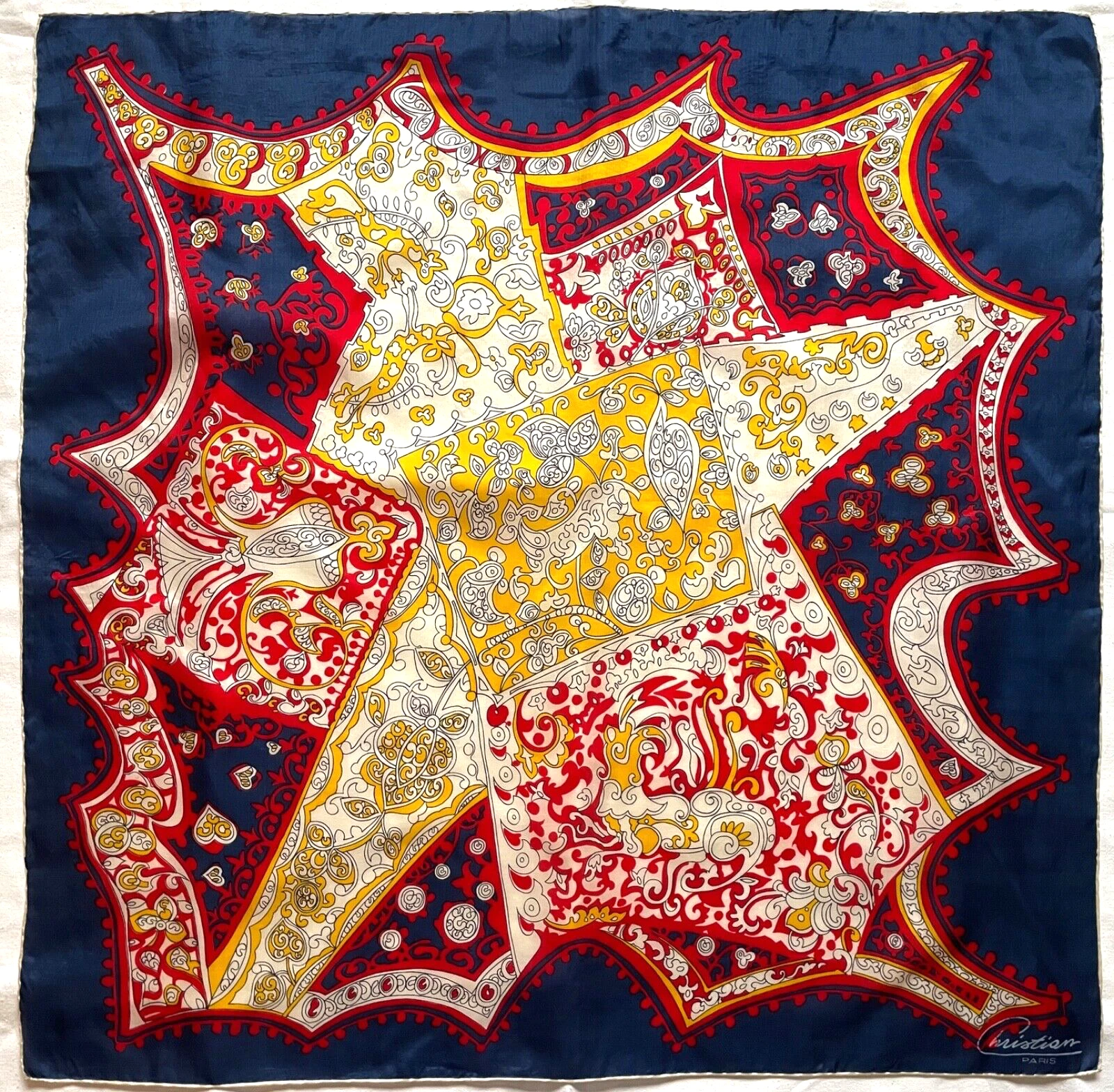 Foulard délicat CHRISTIAN Paris Classic FLORAL bleu rouge jaune soie roulé main