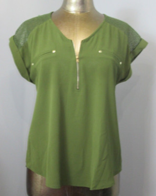 Mine Green Zippered Top Womens Size L Chest 39 Cuffed Mesh Accent 304-31582