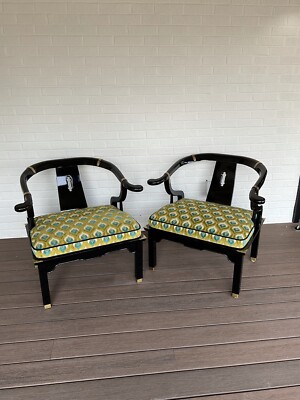 Pair of James Mont Style Black Lacquer Chairs By Century Furniture