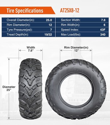 Set Of 4 All-Terrain ATV/UTV Tires – 25x8-12 & 25x10-12, 6-Ply, 340lb Load, For Mud, Trail, Sand