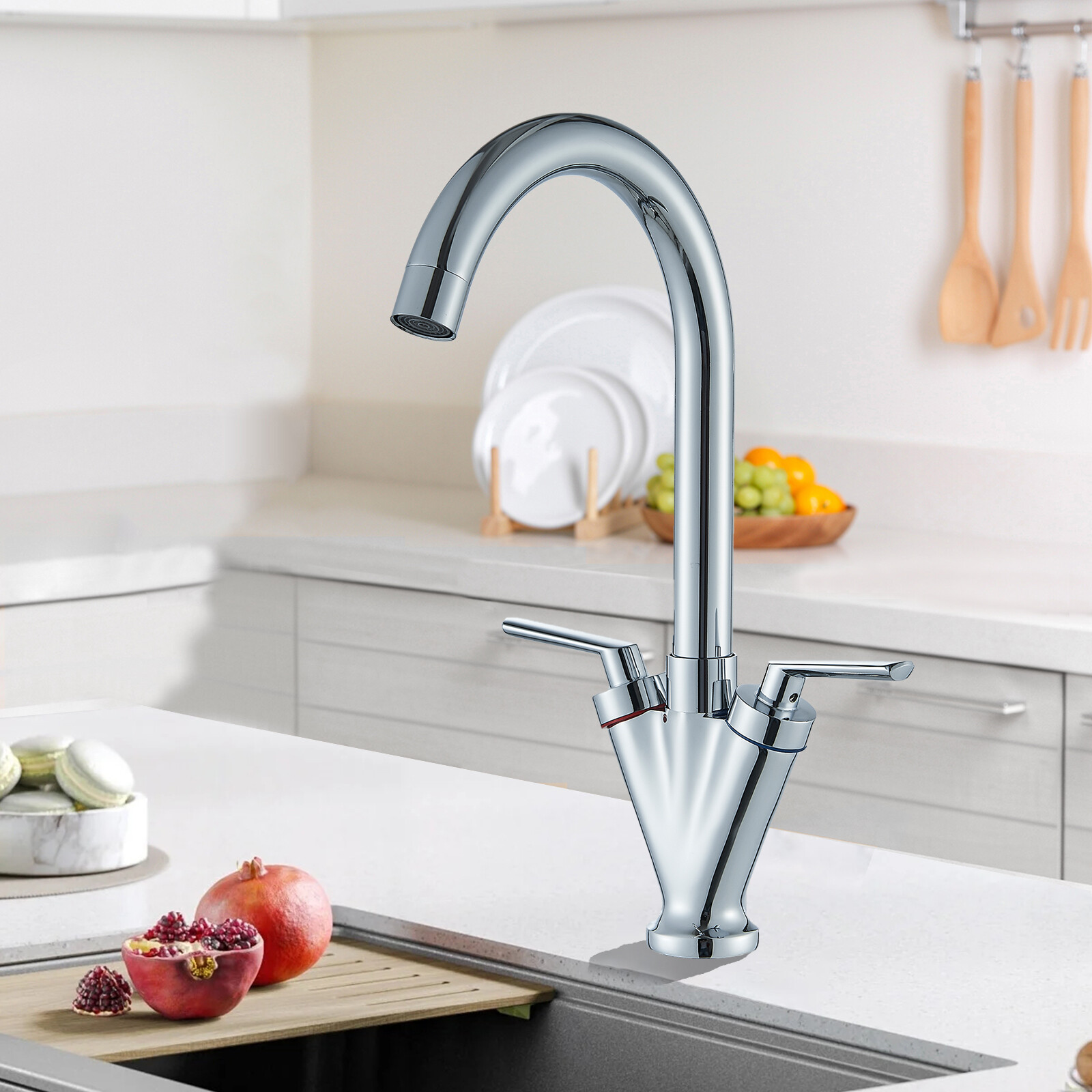 360 Swivel Chrome Brass Kitchen 2 Handles Stainless Steel Stream Spout Kitchen Sink Tap Hot & Cold Water Mixer Tap, Stainless - View #2