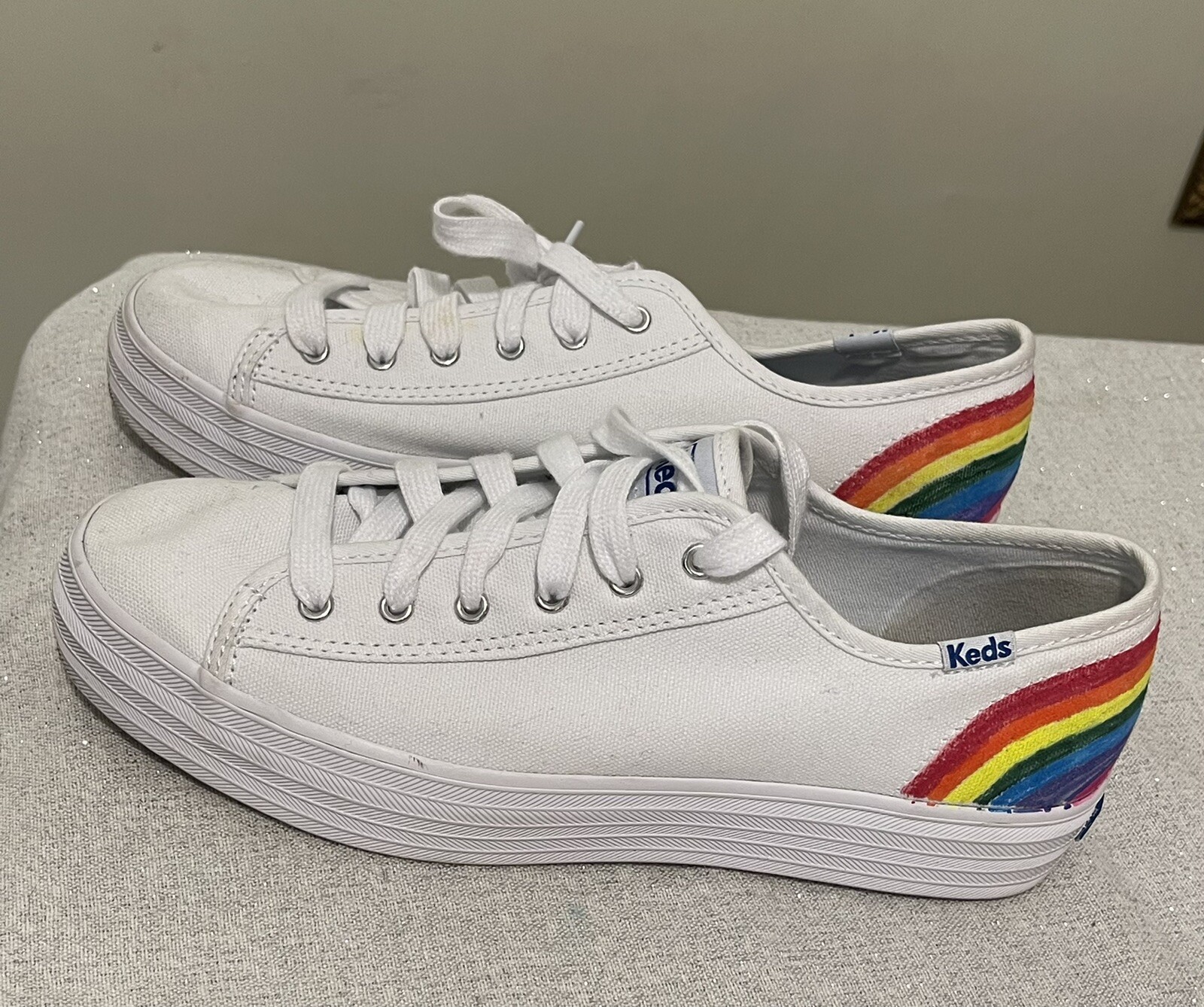 Keds triple up? canvas womens sneaker 7.5 Platform rainbow pride EUC image 2