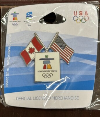 2010 Vancouver Olympic  Pin Dual Flags USA American &  Canada Flag