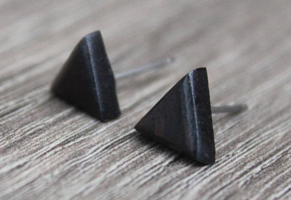 Post Earrings Titanium Wood Ebony Round Triangle Hexagon Unisex Men Women Pair - Image 3 of 4