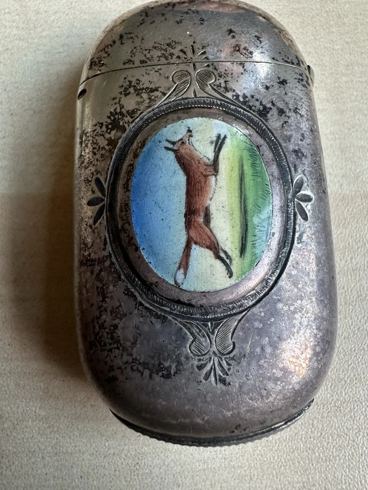 Antiguo estuche Vesta de plata maciza con esmalte de zorro pintado a mano • Sello • Raro Foto 2 de 4