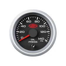 SAAS 0-140 PSI Oil Pressure Series II 52mm Gauge Black Silver Rim inc Sender S2