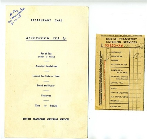 British Transport Catering Service 1958 Afternoon Tea Menu & Conductors Receipt