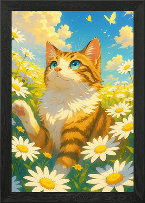 Gerahmtes Wandbild Poster Leinwanddruck Bild Katze im Gänseblümchenfeld