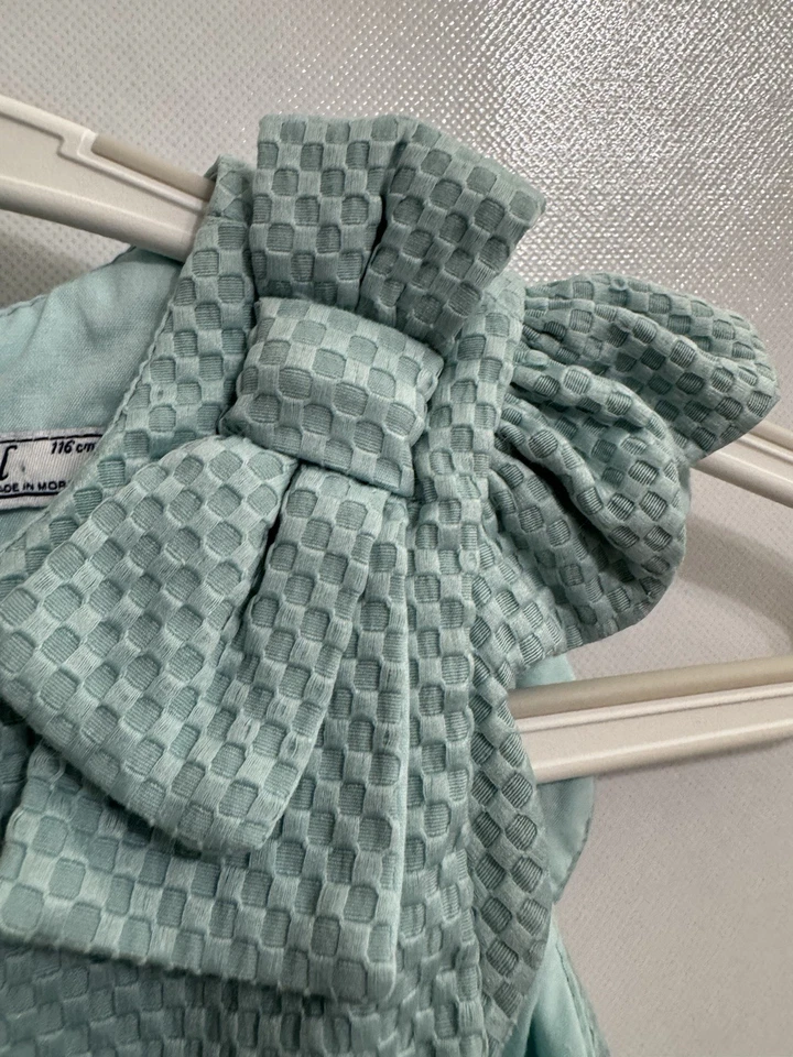 Mayoral Girls Size 6 Dress Light Teal Textured Bow Short Sleeve Holiday Party - Image 2 of 4