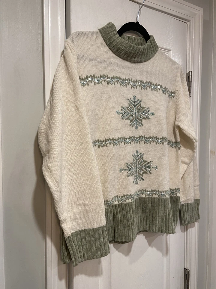 Suéter de Colección Jenny Talla L Copo de Nieve Cuentas Lentejuelas Tejido Invierno Vacaciones Verde Crema Foto 4 de 4