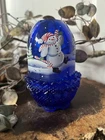 Fenton hand painted signed Cobalt blue “Jolly snowman”fairy lamp winter scene