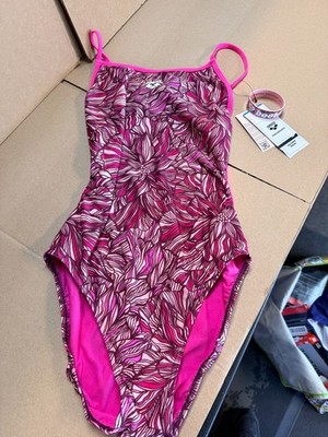 NEW Arena Women's Pink Dahlia Lace Back One Piece Swimsuit sz38