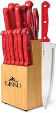 Ginsu Kiso 14 Piece Red Knife Set Natural Block Dishwasher Always Sharp Serrated