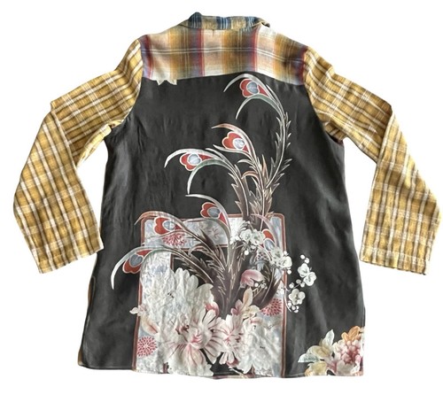 Citron Santa Monica Plaid Flannel Patchwork Tunic Shirt Size M Boho Silk Floral - Picture 4 of 14