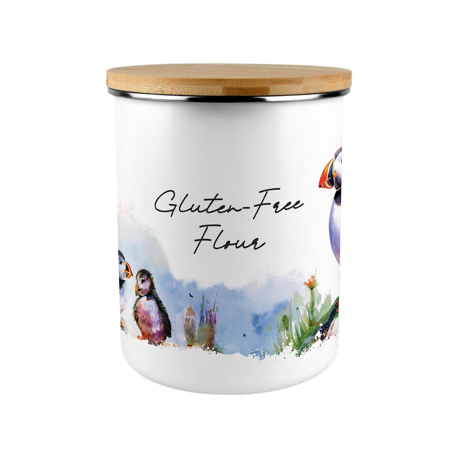 Puffins Gluten-Free Flour Storage Canister - XL Enamel Container Home Gift