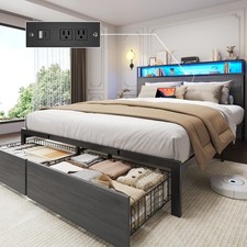 Full Queen Size Bed Frame with 2-Tier Storage Headboard and 2 Storage Drawers
