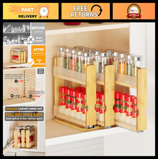 Bamboo Pull Out Spice Rack Organizer - Heavy Duty Slide Out Kitchen Pantry, 3 Dr