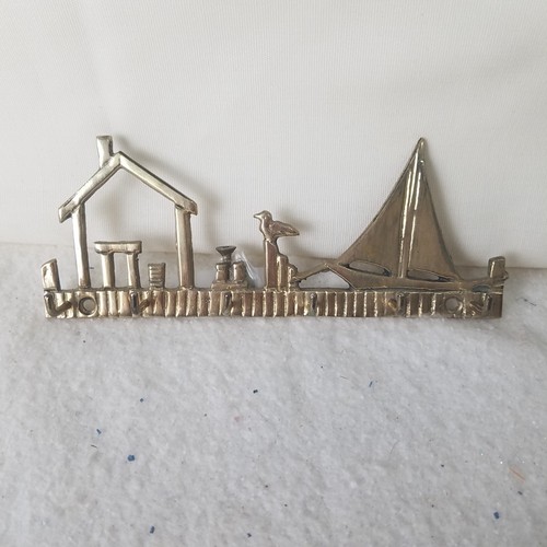 Vintage Brass Key Holder Hook dock scene with sail boat wall mount with screws