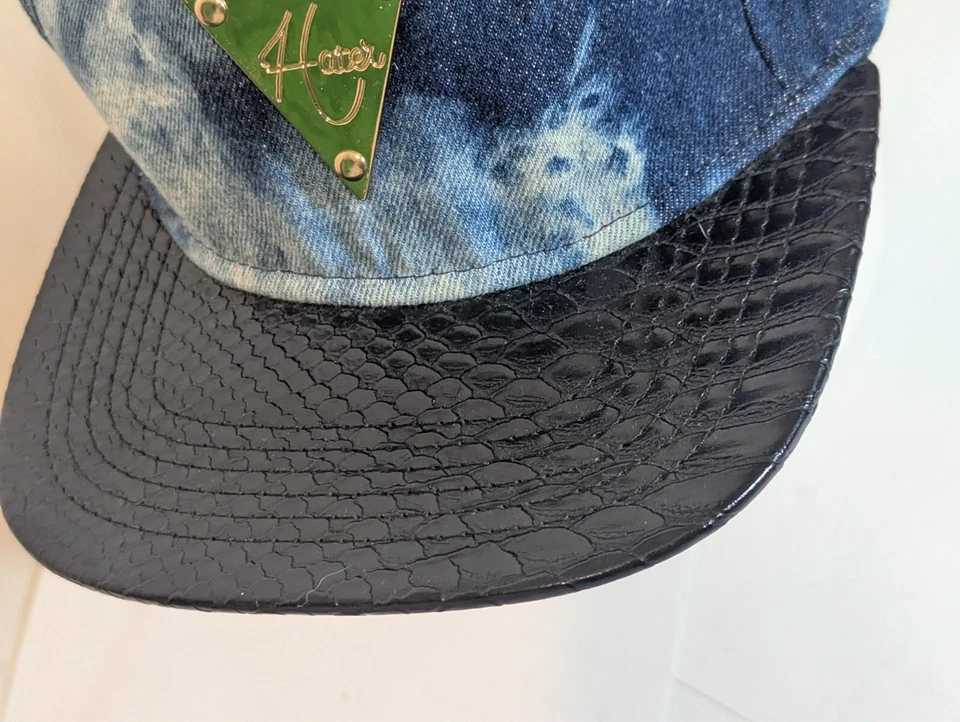 Hater Bleached Jean Faux Leather Flat Gator Skin Bill Snapback Baseball Hat Cap - Image 3 of 4
