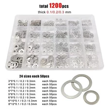 1200pcs M3-M8 0.1/0.2/0.3mm 304 Stainless Steel Ultra Thin Flat Washer Shim Kit