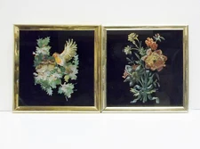 Vintage Kafka Metal Foil Art Christmas Birds #5384 & Flowers #1001 Framed 6 X 6