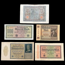 1920-1922 Germany 5 Banknote Set Mark WW1 Pre WW2 Nazi Paper Money Kaiser Reich