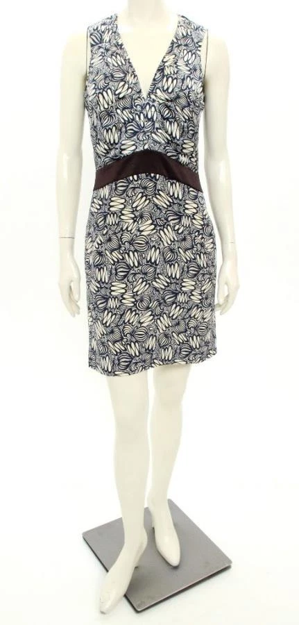 CELINE Abito in guaina collo a V blu navy e crema seta stampa batik 38