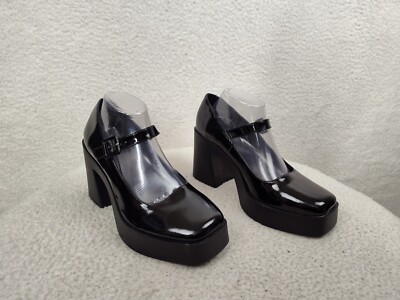 Asos Design Women Heels Black Patent Leather Buckle Chunky