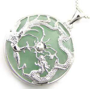 Authentic White Gold Plated Dragon Phoenix Sun Natural Light Green Jade Pendant Necklace