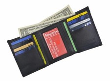 Mens Trifold Genuine Leather Slim Wallet Credit Card Window ID License Black