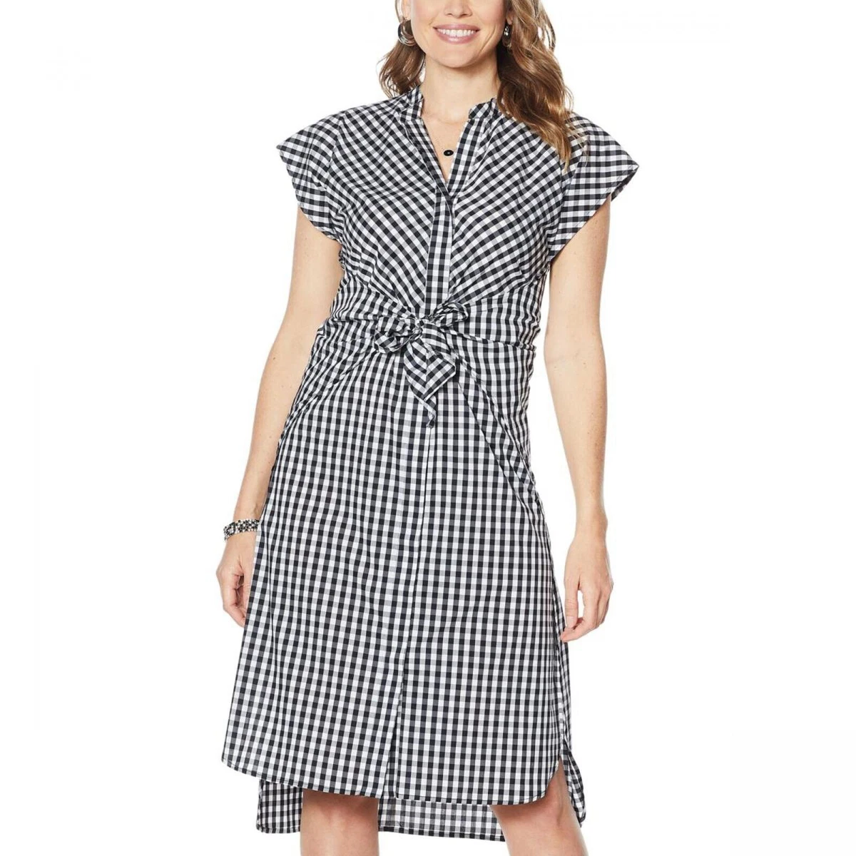 Womens Tie Waist Shirt Dress Black White Gingham Check Stretch