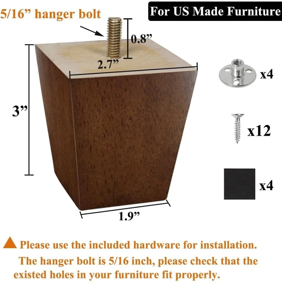 3" Wooden Furniture Legs Sofa Legs Pack of 4 Square Couch Legs Brown Mid-Cent - Image 4 of 4