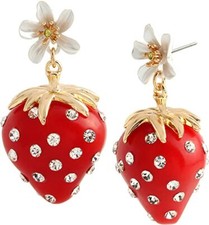 BETSEY JOHNSON GOLD TONE,RED,WHITE FLOWER,CRYSTAL LARGE STRAWBERRY DROP EARRINGS