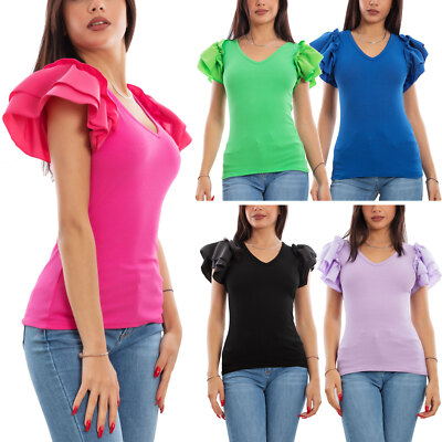 Maglietta blusa costine donna maniche aletta ruches TOOCOOL MS-5510