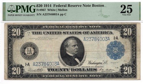 1914 $20 Federal Reserve Note, Boston FR-967 -PMG VF25! Attractive, Problem-Free