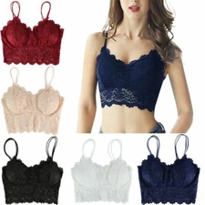 Women's Padded Sexy Lingerie Lace V Neck Crochet Bralette Bra Crop Top Cami Tank
