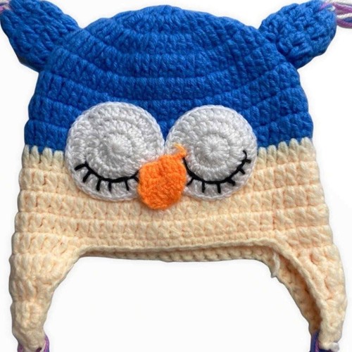 Handmade Sleepy Owl Crochet Winter Knit Hat Toddler Blue White Straps - Picture 4 of 5