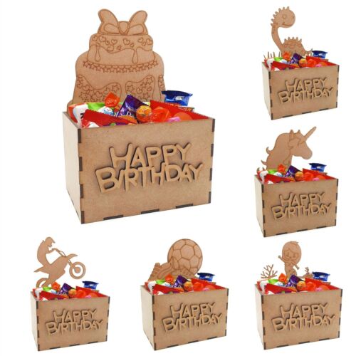 Birthday Treat Box Hamper Gift Fillable Craft Kit MDF Wooden Chocolate Holder - Afbeelding 1 van 14