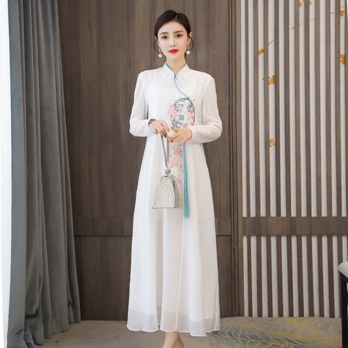 Abito lungo stile cinese donna A-line vita alta abito Qipao chiffon cheongsam - Foto 3 di 13