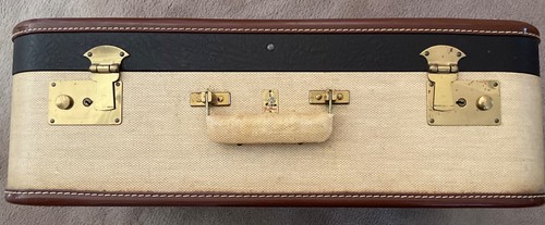 VTG BELBER SUITCASE R22 HARD CASE,DK BRN LITE TWEED,LEATHER TRIM,PORTER LOG0,KEY - Picture 3 of 24
