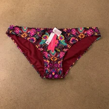 Xhilaration Womens Cheeky Bikini Swim Bottom Maroon Green Floral Stretch XL New