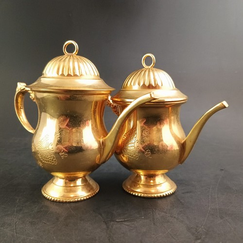 Set Of 2 Teapot Christmas Ornaments, Miniature Gold Tone Metal, 3.5" & 4" Tall - Picture 3 of 9