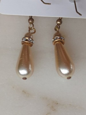 Vintage 1980s Faux Pearl + Diamante 2'' Teardrop Pierced Earrings Gold Tone