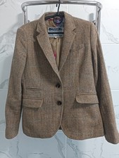 Joules Women's Brown Herringbone Tweed Blazer Jacket UK 10 Wool Blend Floral Lin